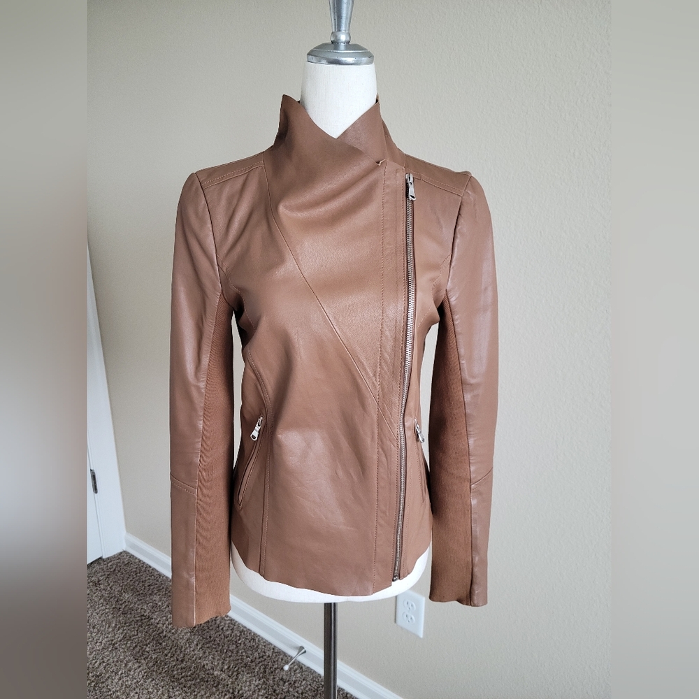 Trouve Tan Genuine Leather Asymmetrical Zip Jacket Size XS